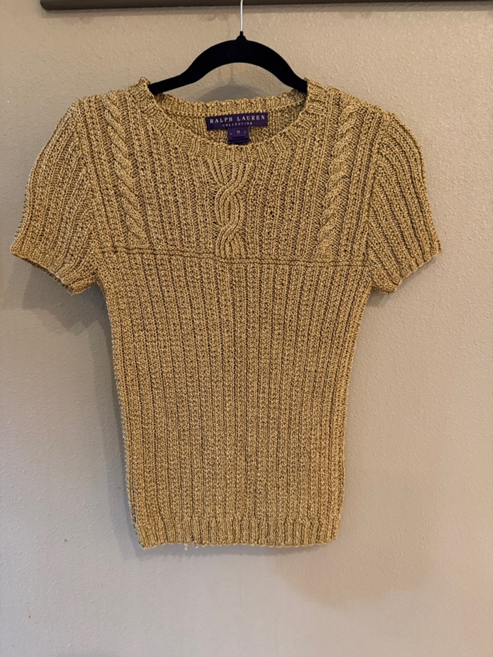 Ralph Lauren Purple Label Tan Short-Sleeve Cable Knit Crewneck Sweater